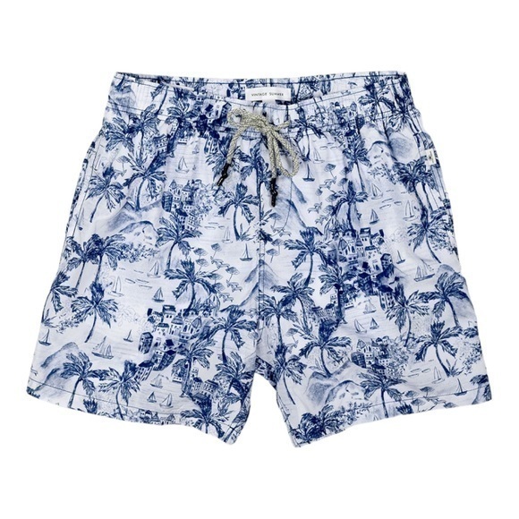 Vintage Summer Ponji Blue Swimming Trunks Quick-Dry Volley Shorts Old City Print - Picture 1 of 8